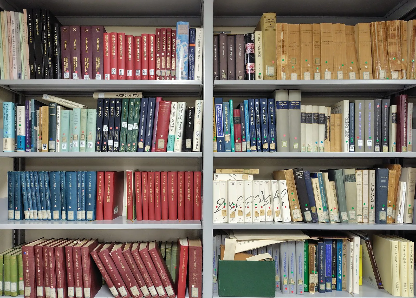 研究室の蔵書。古典叢書などの原典や研究書が並ぶ書架